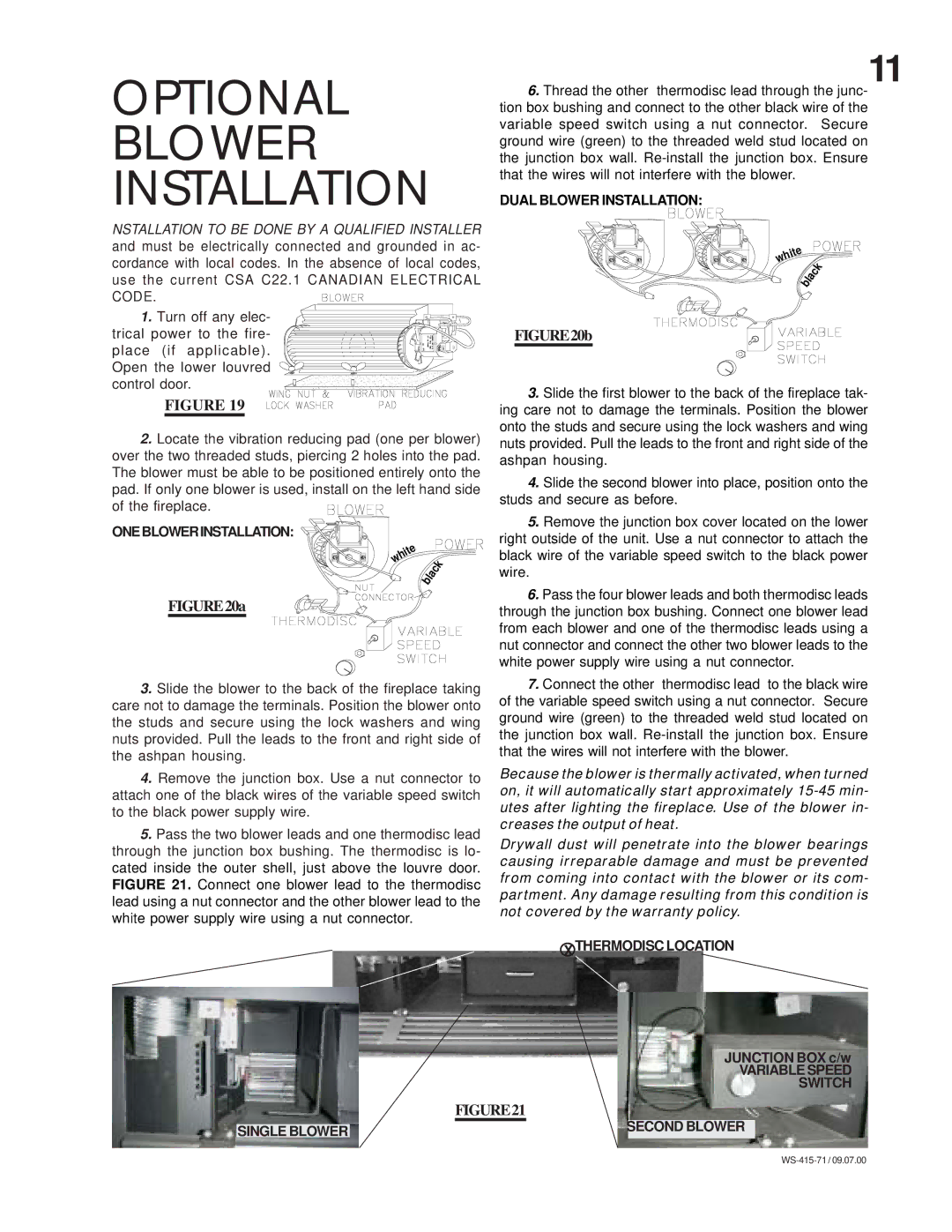 Napoleon Fireplaces NZ25 manual Optional, Blower Install Ation 