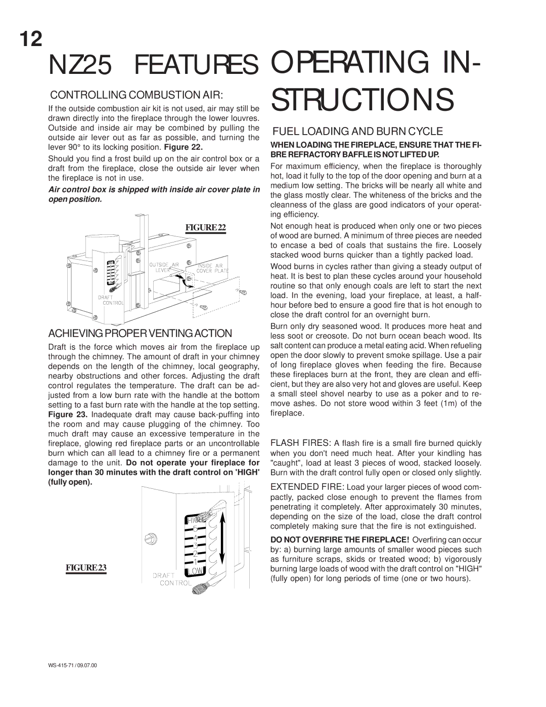 Napoleon Fireplaces manual NZ25 Features, Controlling Combustion AIR, Fuel Loading and Burn Cycle 