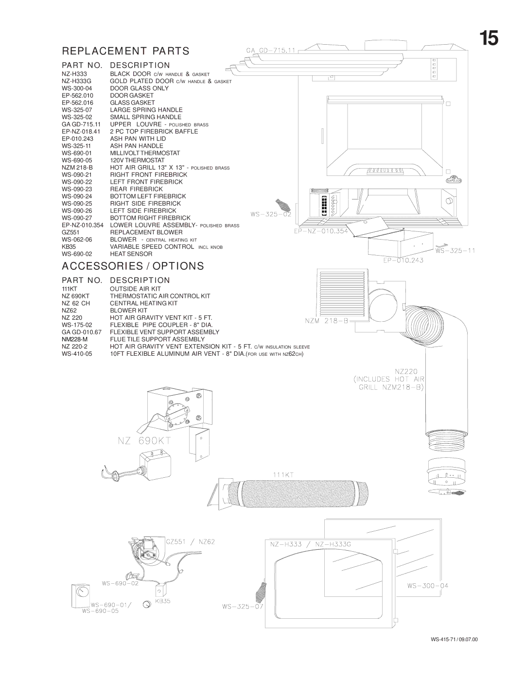 Napoleon Fireplaces NZ25 manual Replacement Parts, Accessories / Options 