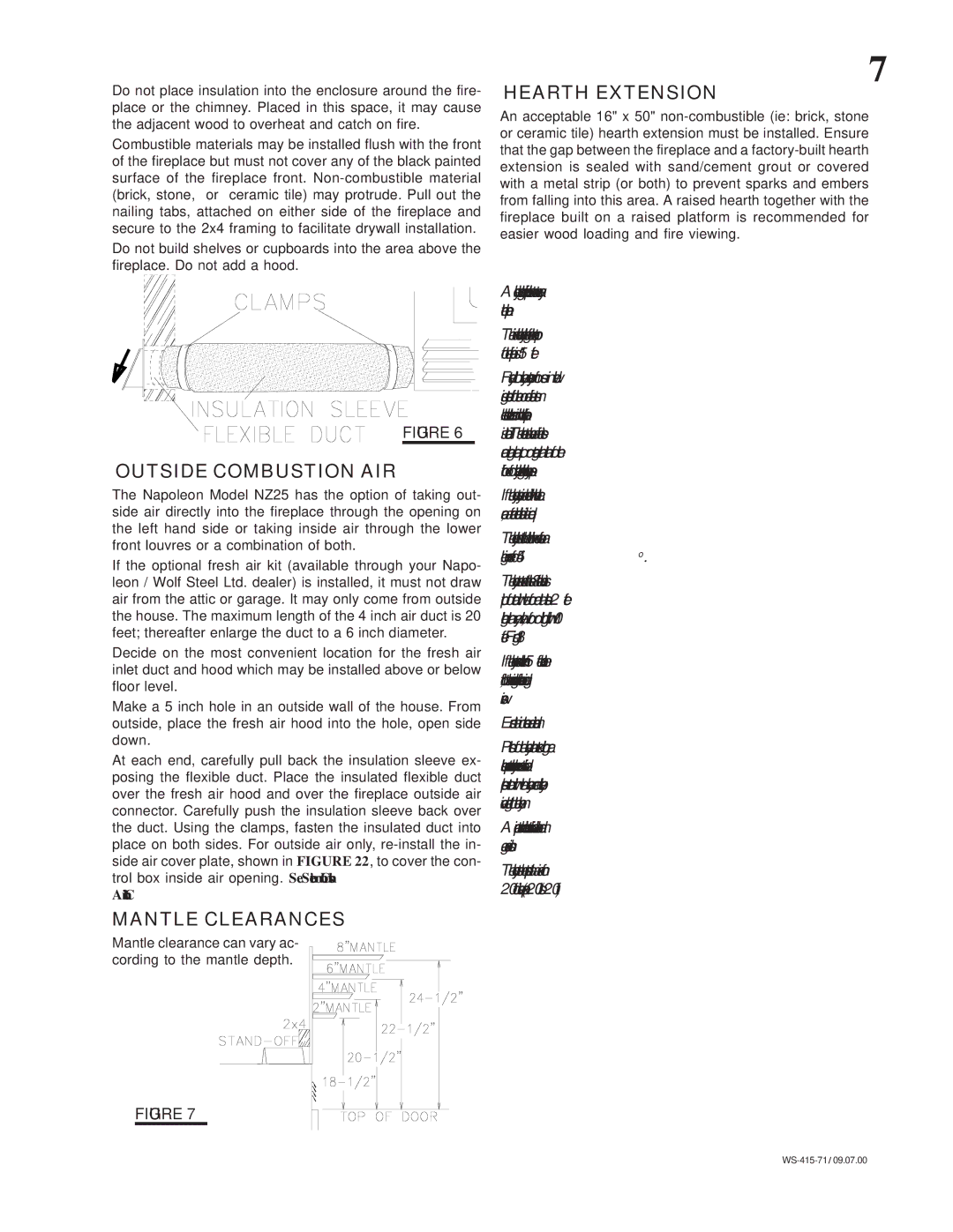 Napoleon Fireplaces NZ25 manual Hearth Extension, Outside Combustion AIR, Mantle Clearances 