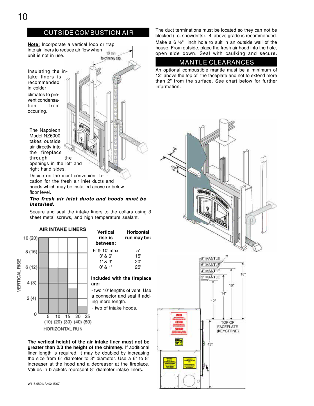 Napoleon Fireplaces NZ6000 manual Outside Combustion AIR, Mantle Clearances, Vertical Horizontal Rise is Run may be Between 