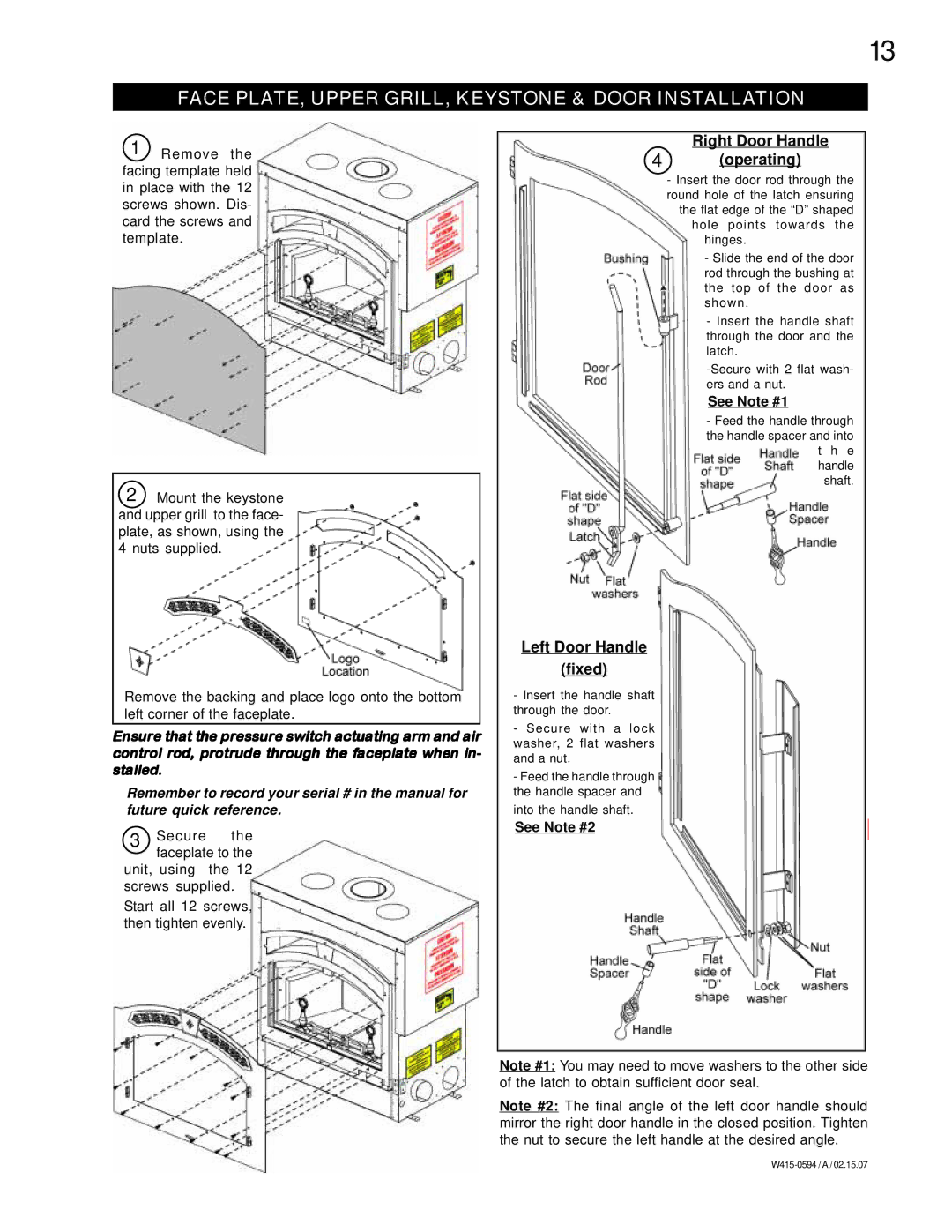 Napoleon Fireplaces NZ6000 manual Face PLATE, Upper GRILL, Keystone & Door Installation, See Note #1, See Note #2 