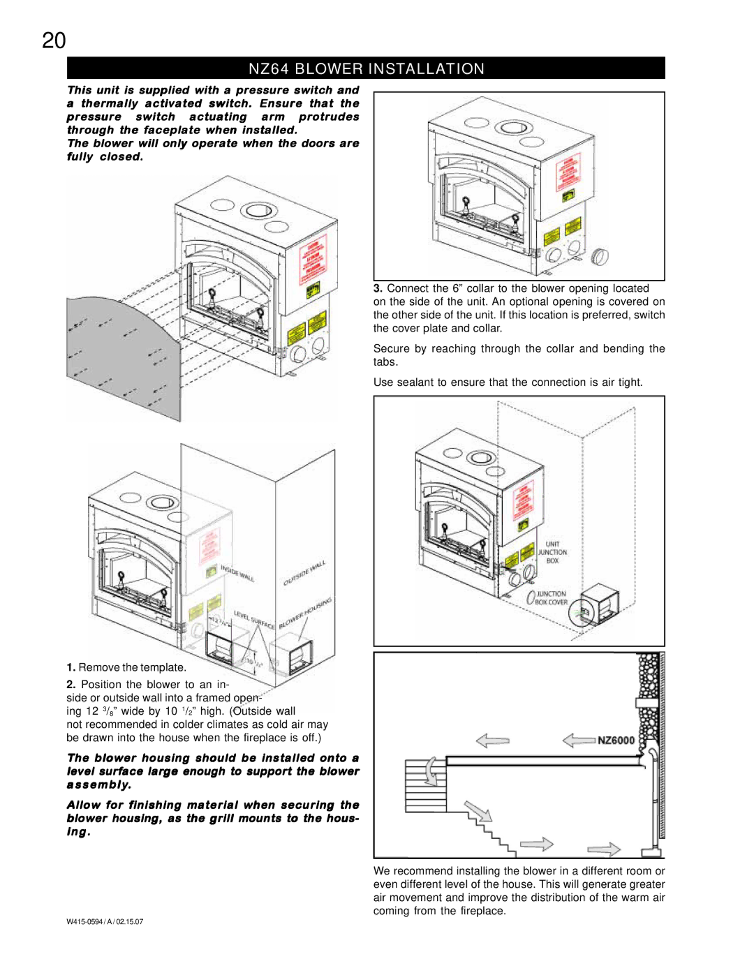 Napoleon Fireplaces NZ6000 manual NZ64 Blower Installation 