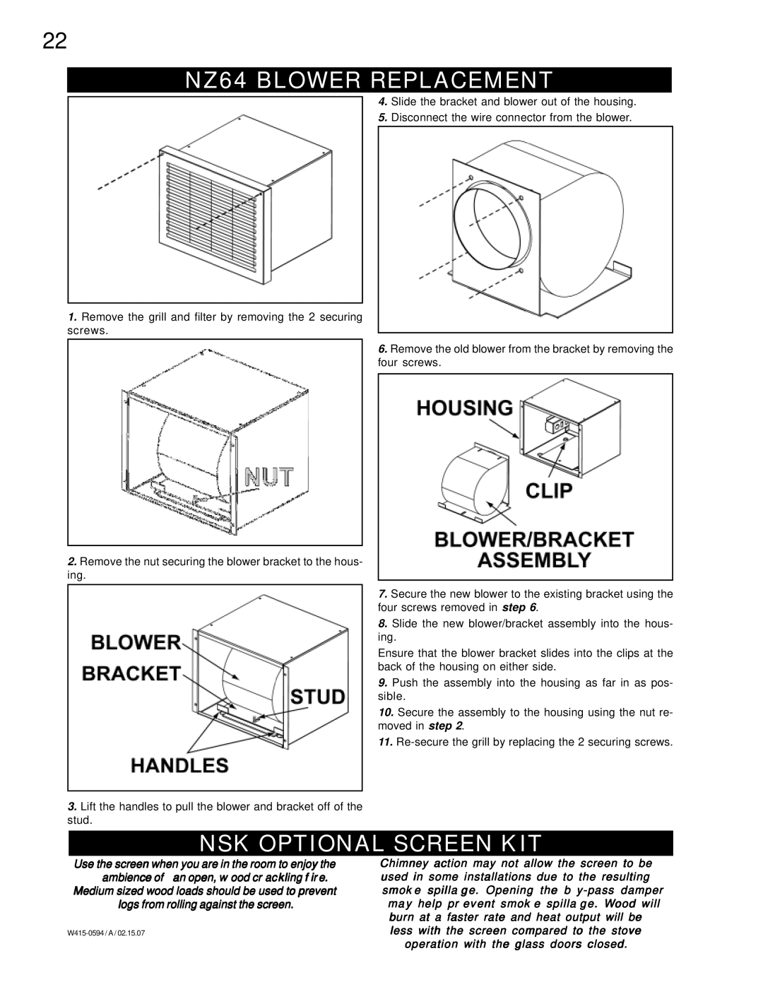 Napoleon Fireplaces NZ6000 manual NZ64 Blower Replacement, NSK Optional Screen KIT 