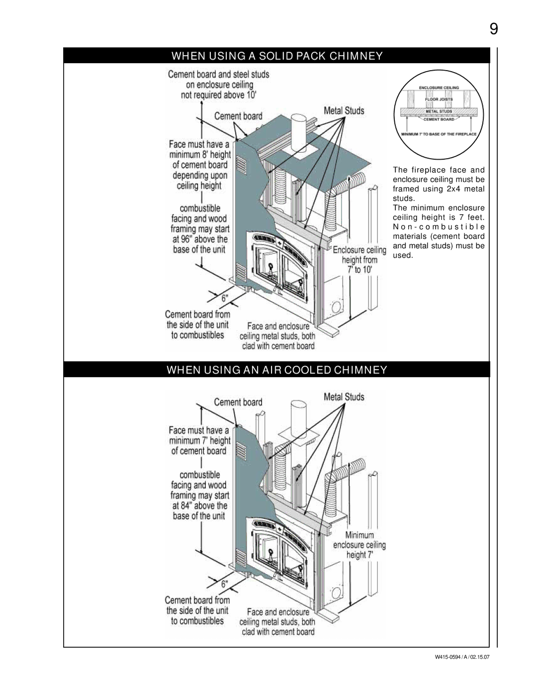 Napoleon Fireplaces NZ6000 manual When Using a Solid Pack Chimney, When Using AN AIR Cooled Chimney 