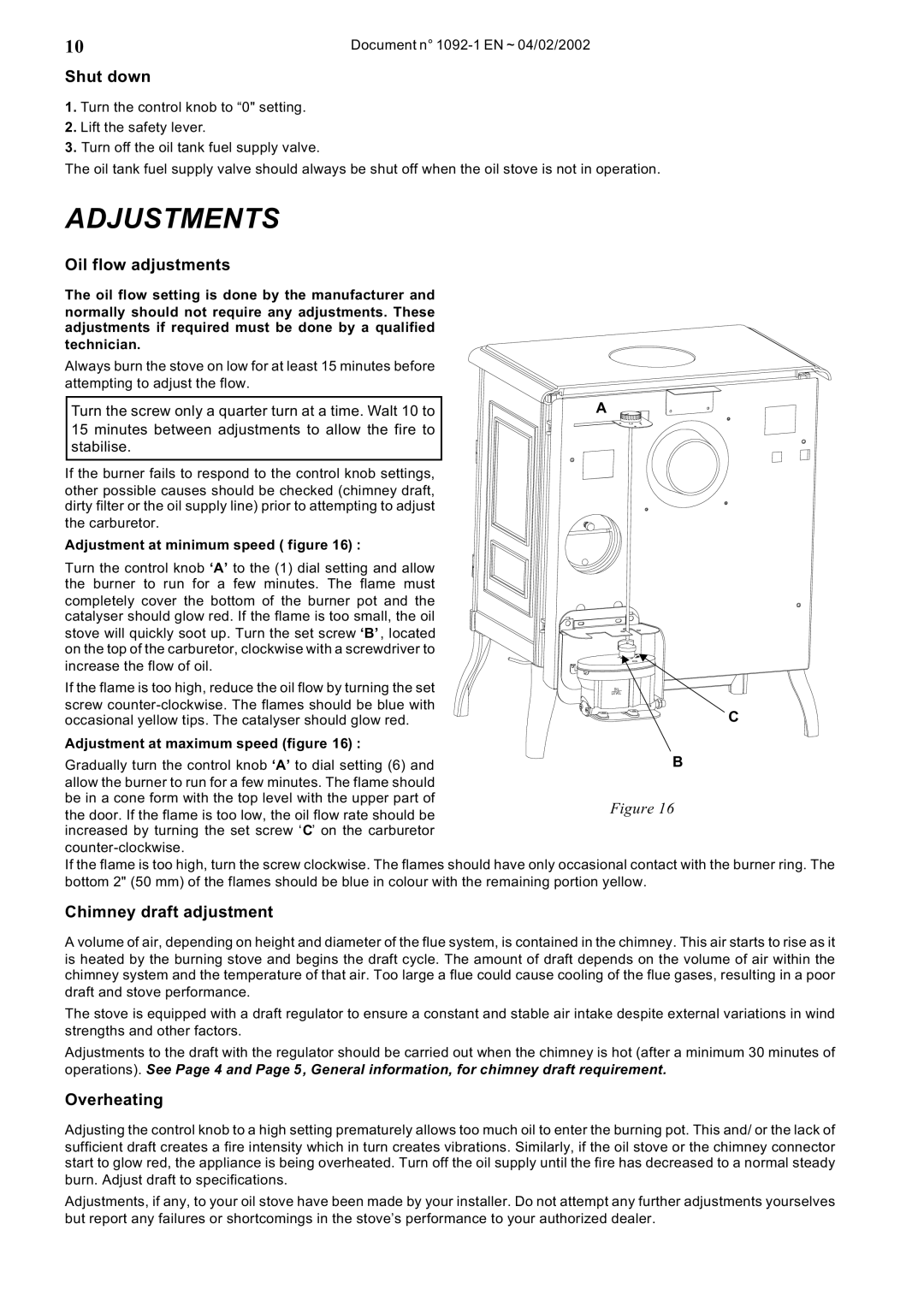 Napoleon Fireplaces OS10-3 manual Adjustments, Shut down, Oil flow adjustments, Chimney draft adjustment, Overheating 