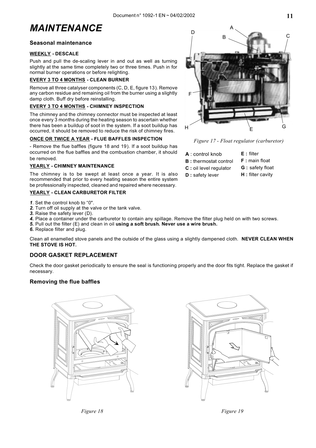 Napoleon Fireplaces OS10-3 manual Maintenance, Seasonal maintenance, Removing the flue baffles, Filter 