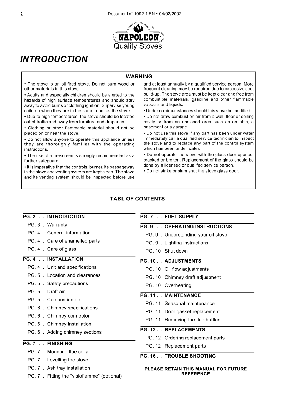 Napoleon Fireplaces OS10-3 manual Introduction, Tabl of Contents 