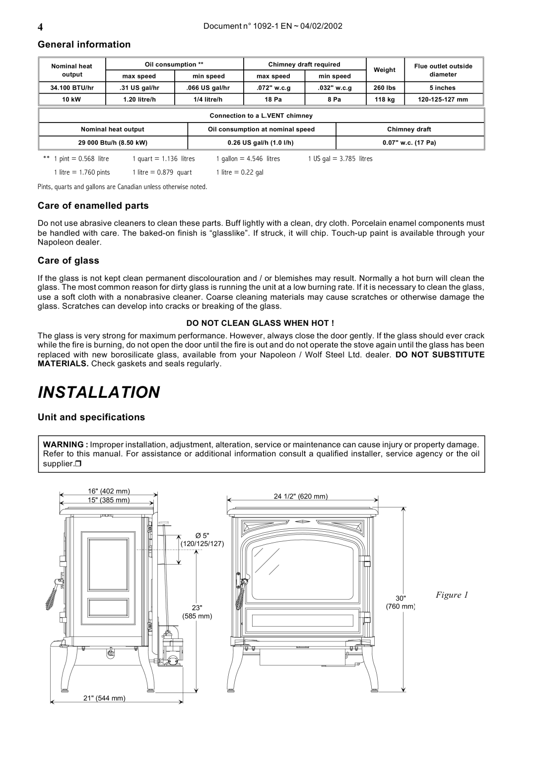 Napoleon Fireplaces OS10-3 manual Installation, General information, Care of enamelled parts, Care of glass 