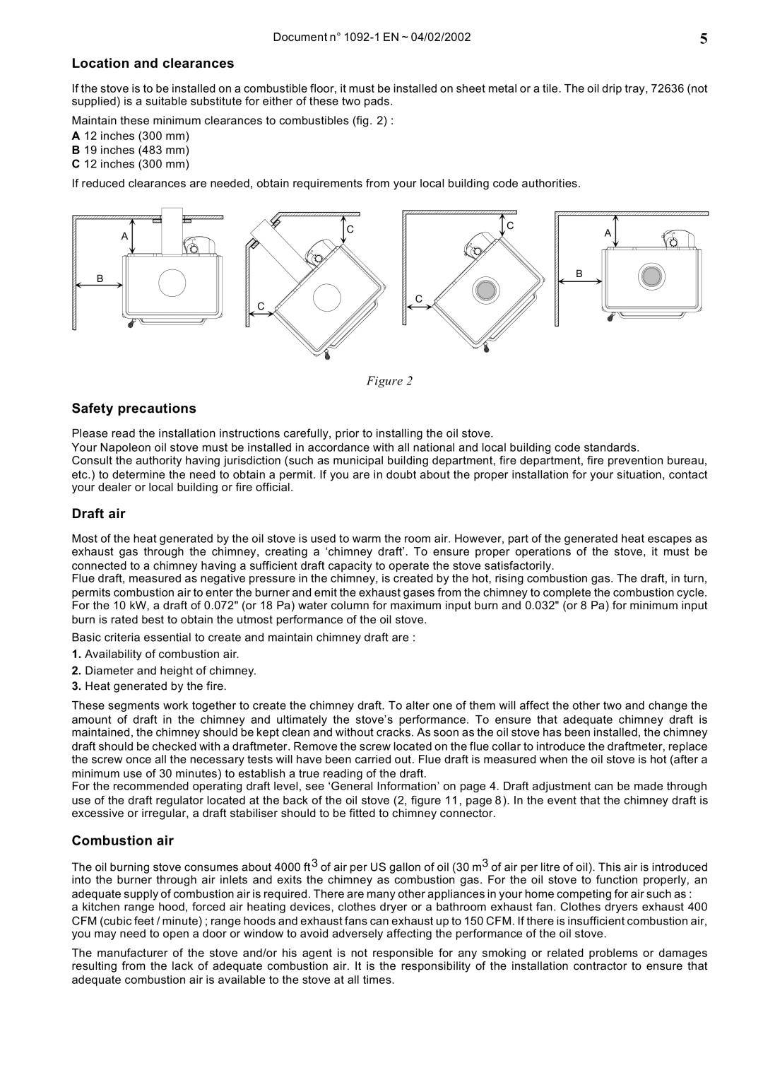 Napoleon Fireplaces OS10-3 manual Location and clearances, Safety precautions, Draft air, Combustion air 