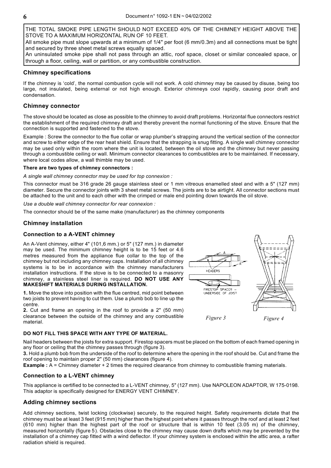 Napoleon Fireplaces OS10-3 manual Chimney specifications, Chimney connector, Chimney installation, Adding chimney sections 