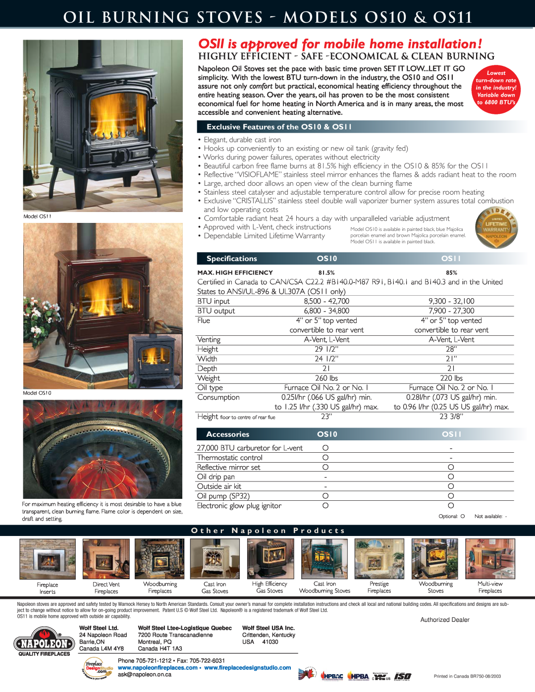 Napoleon Fireplaces OIL BURNING STOVES - MODELS OS10 & OS11, Exclusive Features of the OS10 & OS11, Specifications 
