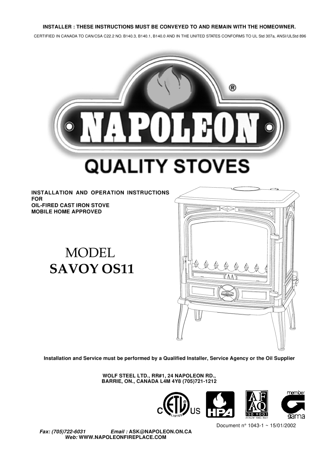 Napoleon Fireplaces SAVOY OS11 manual Savoy OS11 