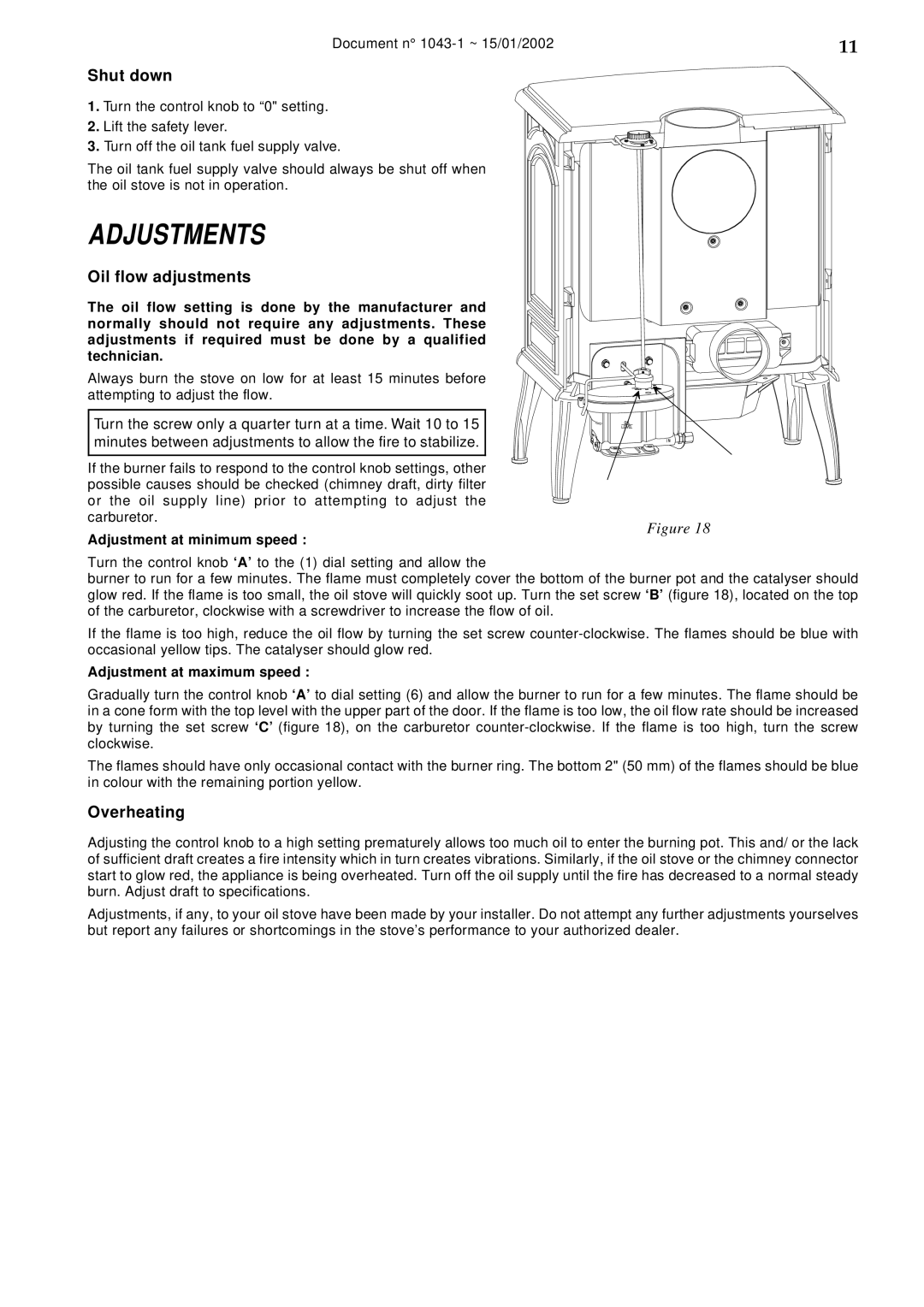 Napoleon Fireplaces SAVOY OS11 manual Adjustments, Shut down, Oil flow adjustments, Overheating 