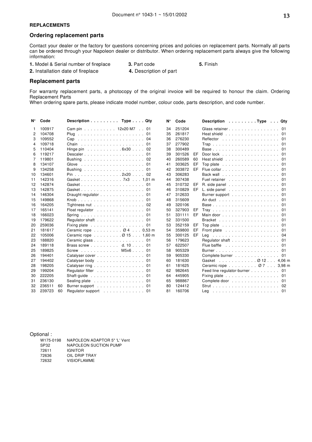 Napoleon Fireplaces SAVOY OS11 manual Ordering replacement parts, Replacement parts 