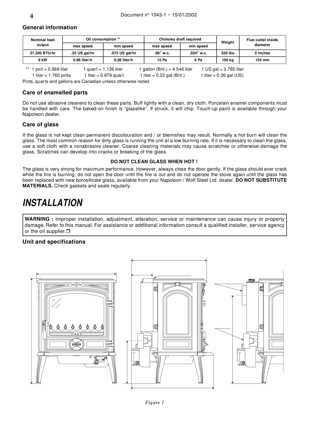 Napoleon Fireplaces SAVOY OS11 manual Installation, General information, Care of enamelled parts, Care of glass 