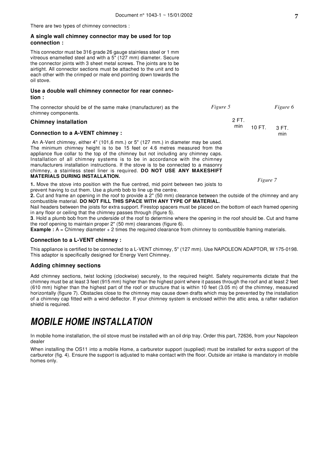 Napoleon Fireplaces SAVOY OS11 manual Mobile Home Installation, Chimney installation, Adding chimney sections 