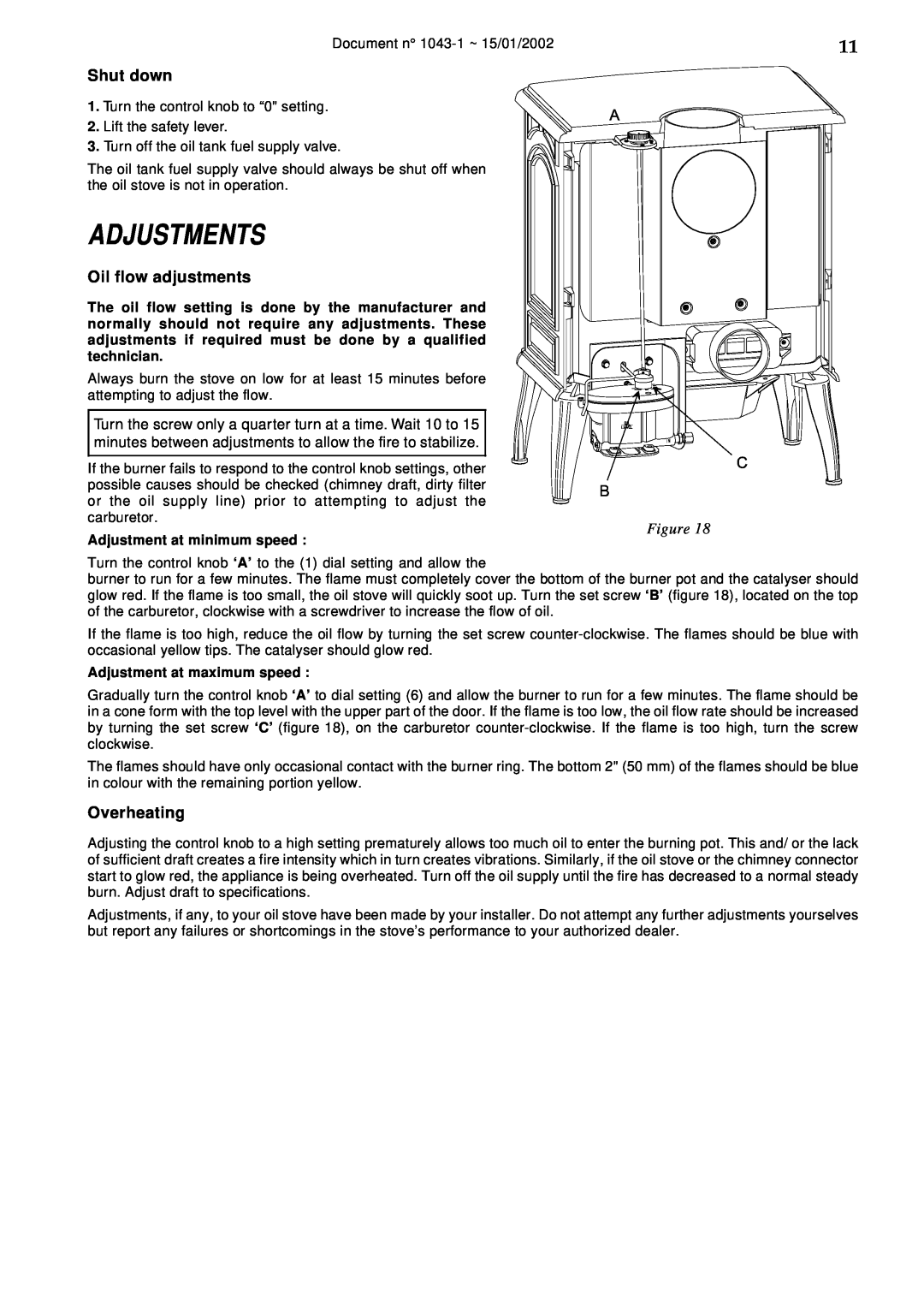 Napoleon Fireplaces SAVOY OS11 manual Adjustments, Shut down, Oil flow adjustments, Overheating, A C B 