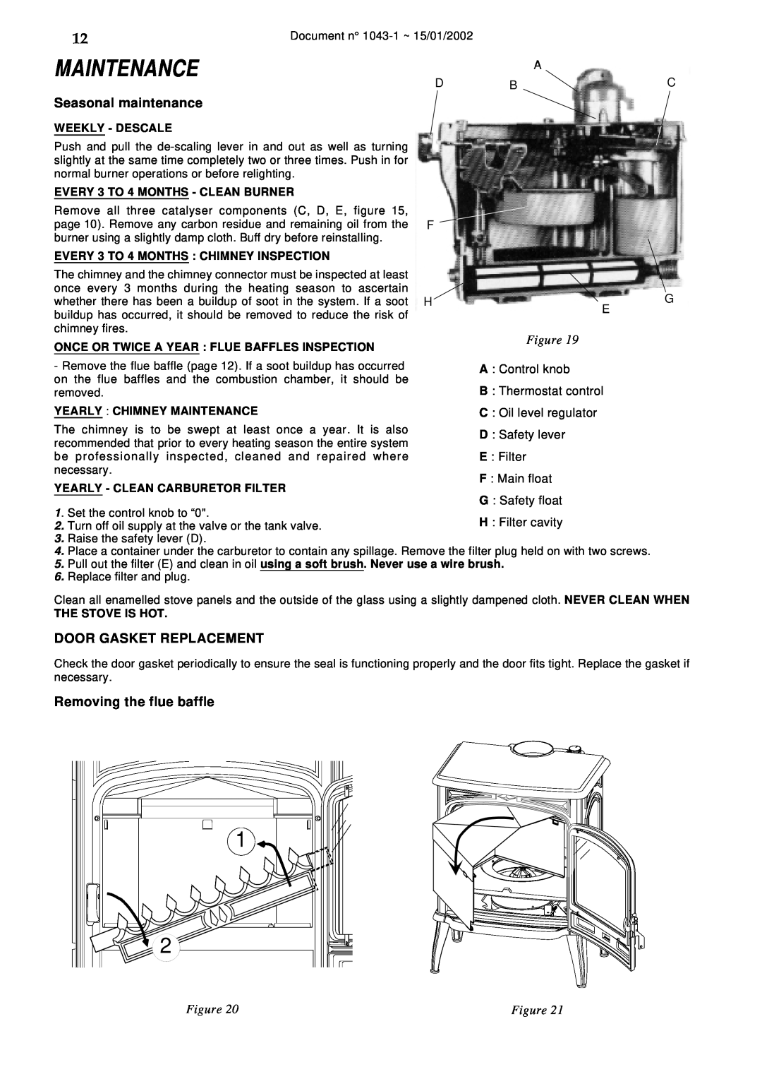Napoleon Fireplaces SAVOY OS11 manual Maintenance, Seasonal maintenance, Door Gasket Replacement, Removing the flue baffle 