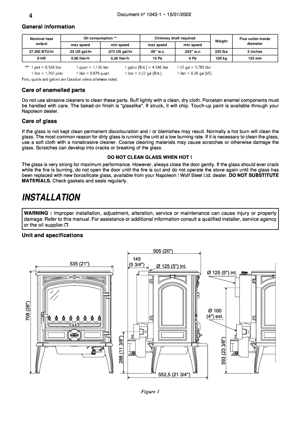 Napoleon Fireplaces SAVOY OS11 manual Installation, General information, Care of enamelled parts, Care of glass 