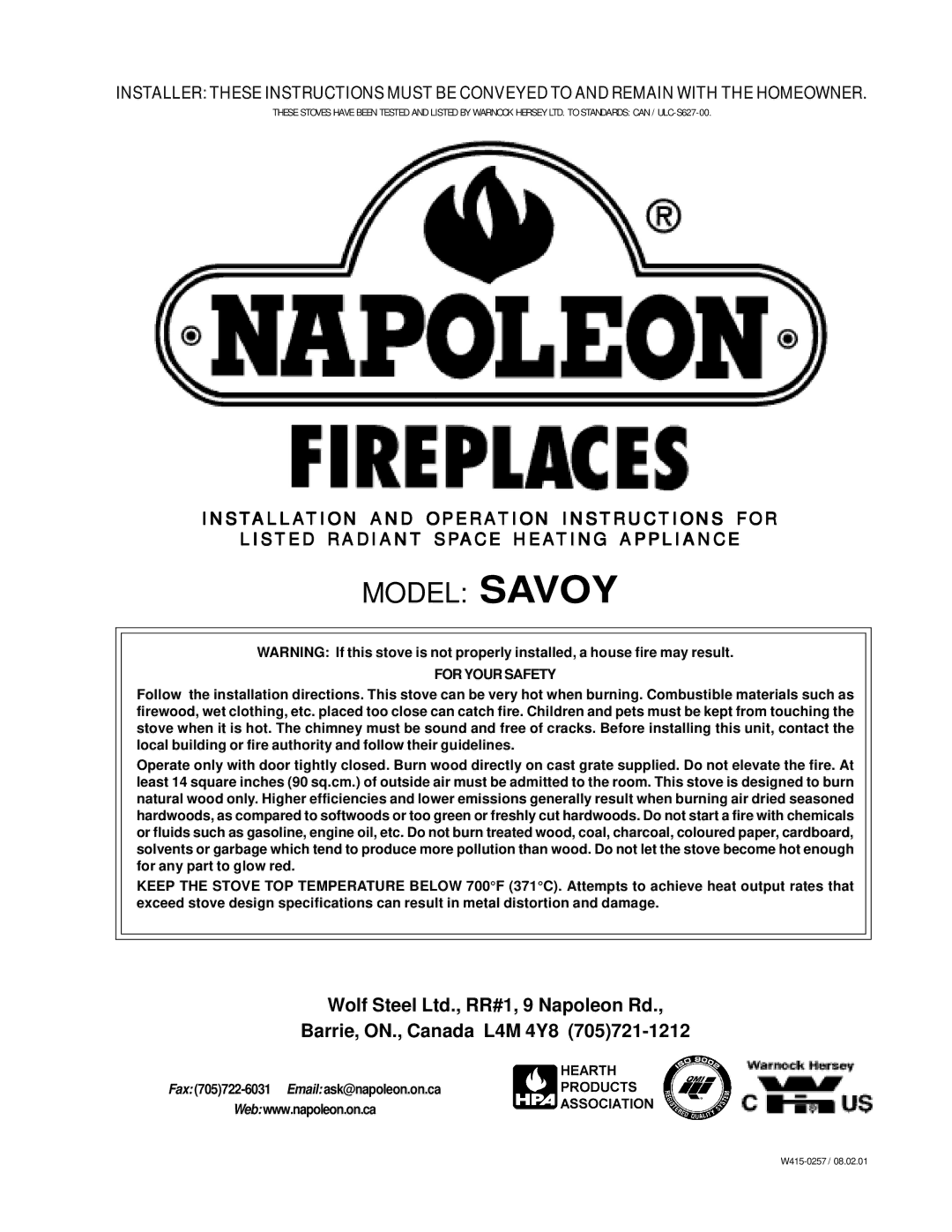 Napoleon Fireplaces manual Model Savoy 