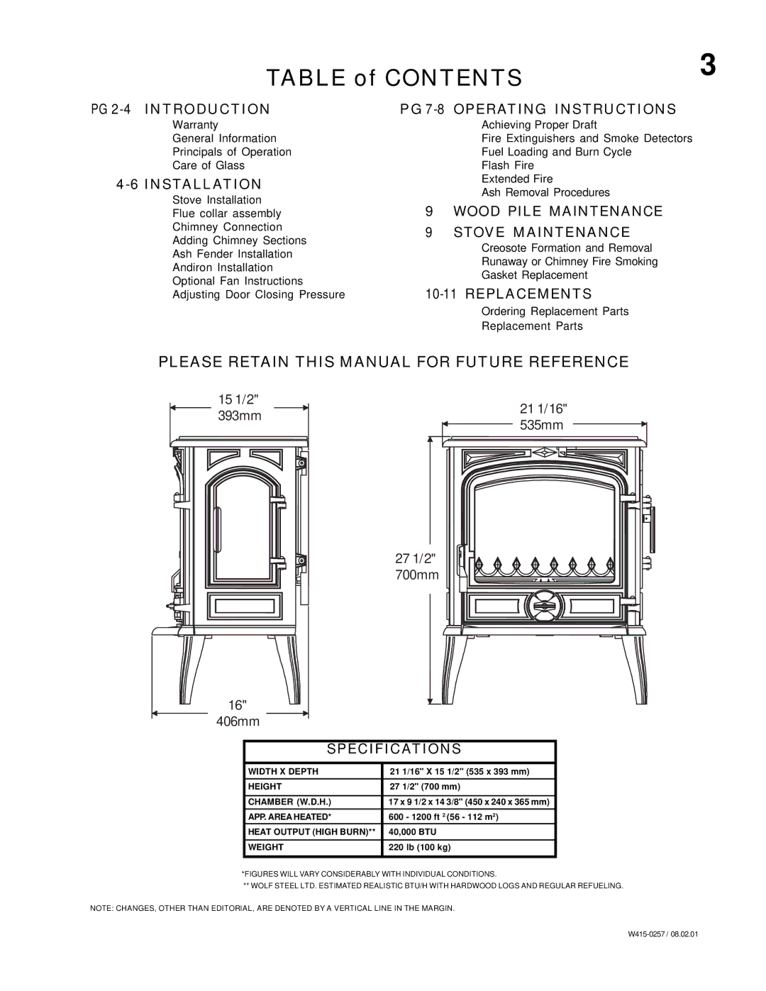 Napoleon Fireplaces Savoy manual Table of Contents 