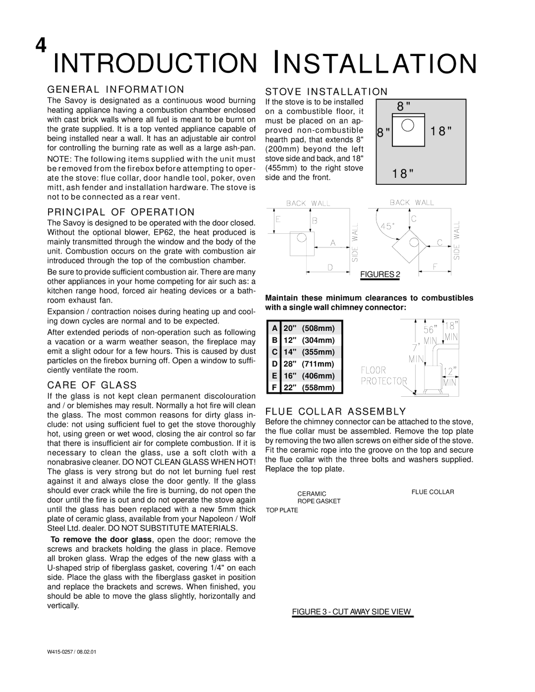 Napoleon Fireplaces Savoy manual General Information, Stove Installation, Principal of Operation, Care of Glass 