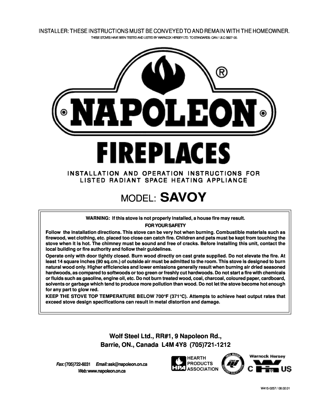 Napoleon Fireplaces manual Barrie, ON., Canada L4M 4Y8, Model Savoy, Installation And Operation Instructions For 