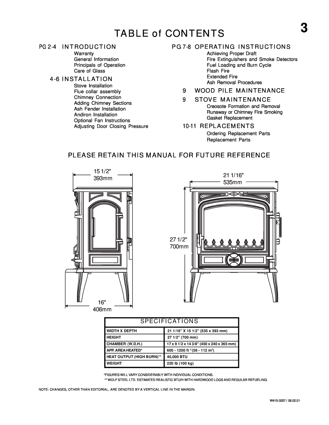 Napoleon Fireplaces Savoy Please Retain This Manual For Future Reference, TABLE of CONTENTS, PG 2-4 INTRODUCTION, 15 1/2 