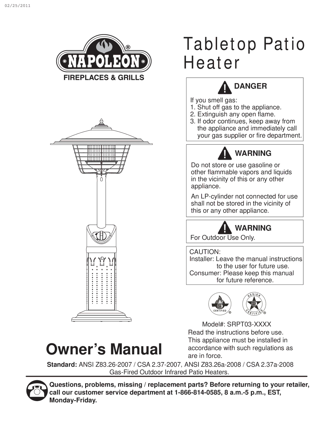 Napoleon Fireplaces SRPT03-XXXX owner manual Tabletop Patio Heater 