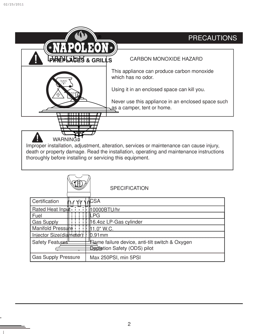 Napoleon Fireplaces SRPT03-XXXX owner manual Precautions, Carbon Monoxide Hazard, Specification 