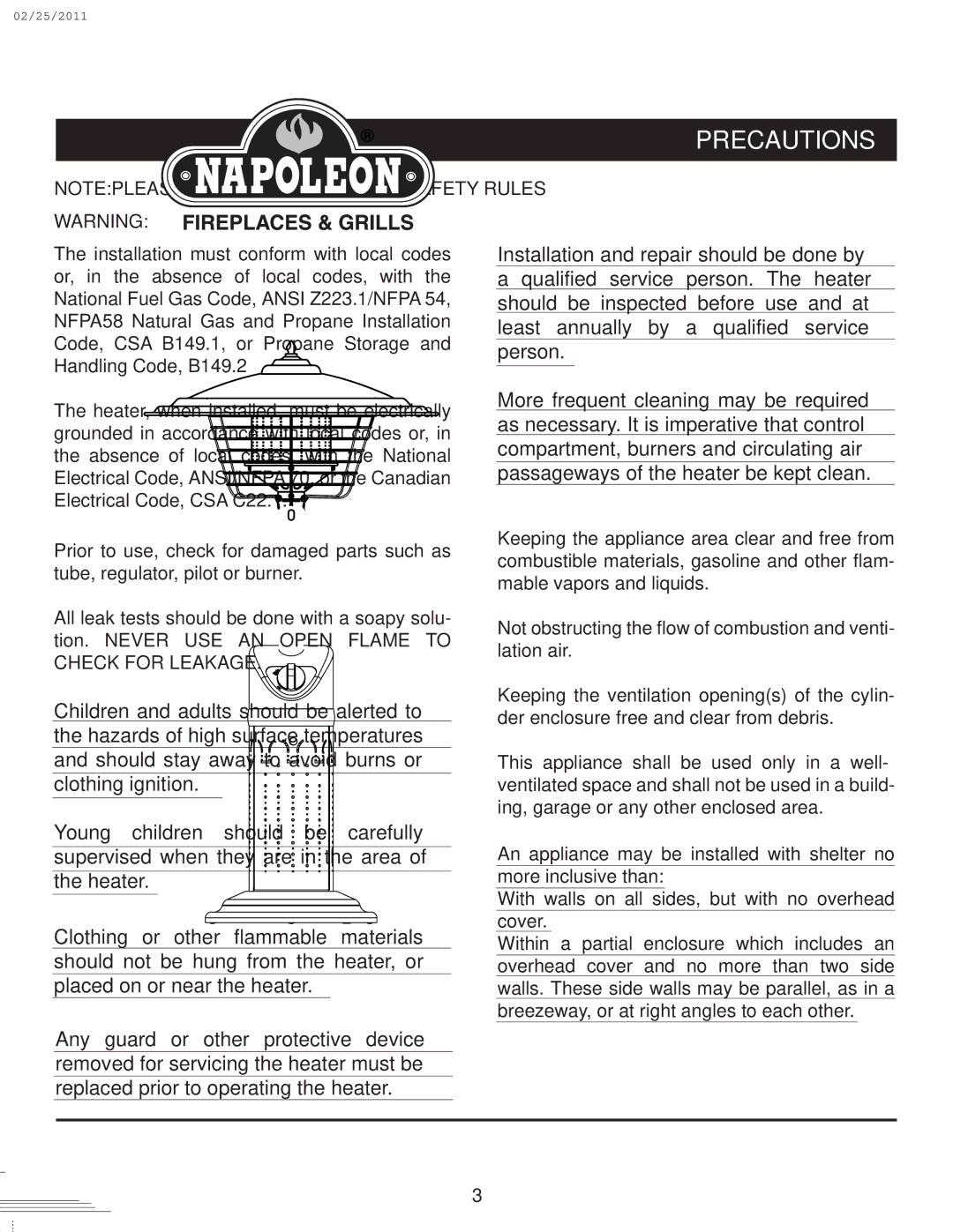 Napoleon Fireplaces SRPT03-XXXX owner manual Precautions 