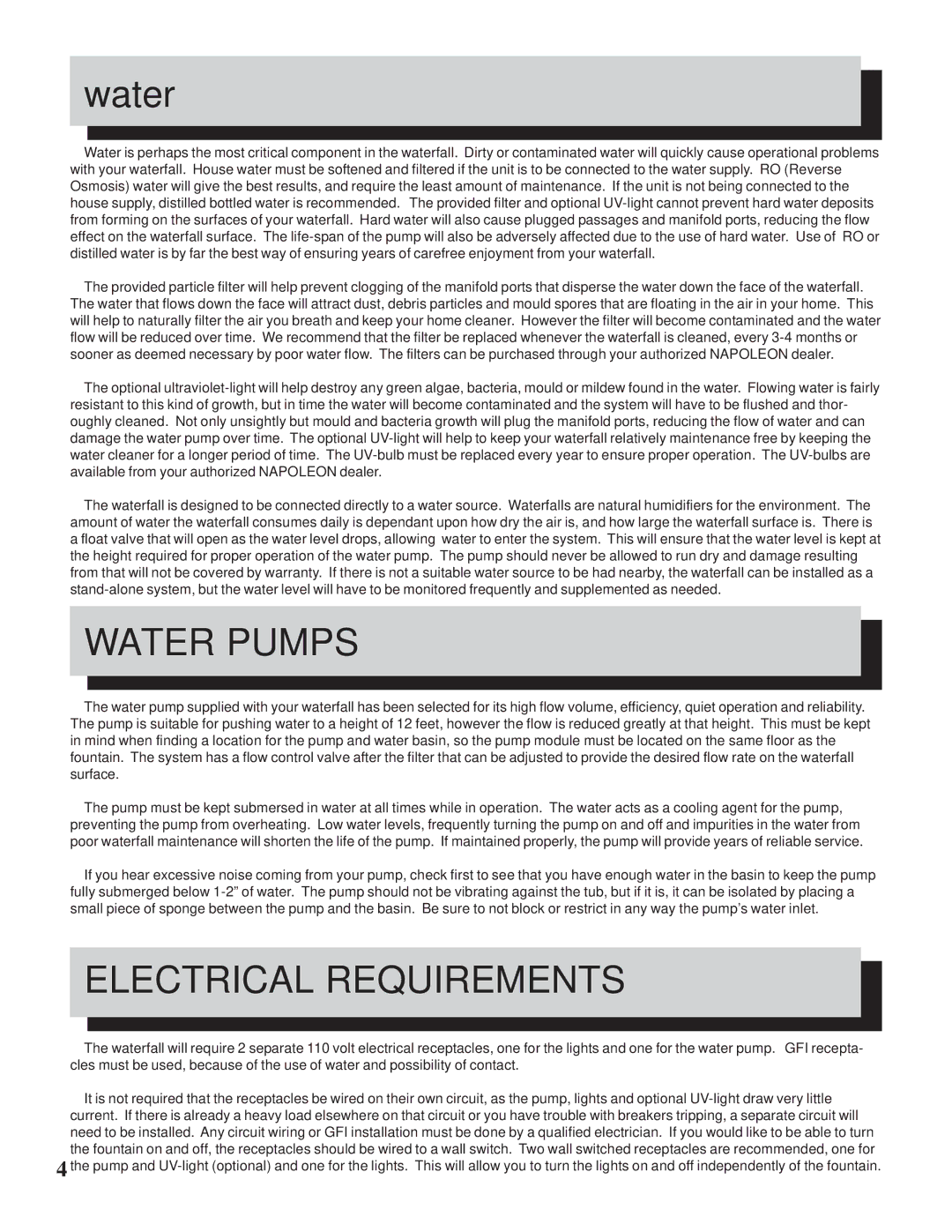 Napoleon Fireplaces WF 6/9/18 manual Water Pumps, Electrical Requirements 