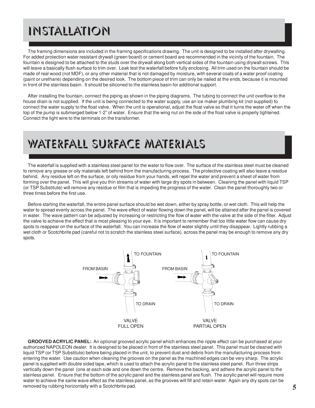 Napoleon Fireplaces WF 6/9/18 manual Installation, Waterfall Surface Materials 