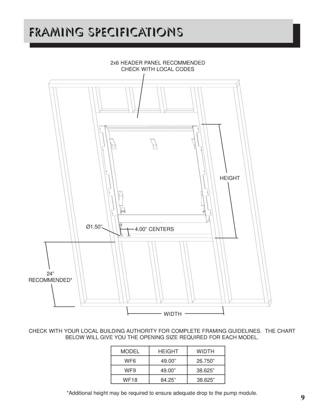 Napoleon Fireplaces WF 6/9/18 manual Framing Specifications, WF9 