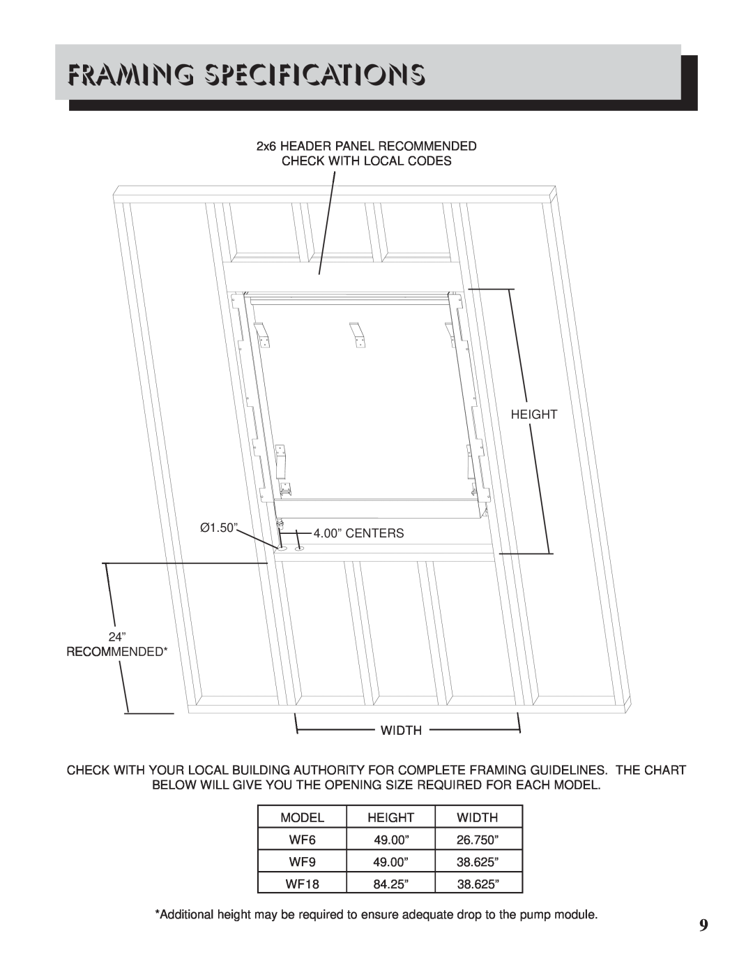Napoleon Fireplaces WF 6/9/18 manual Framing Specifications 