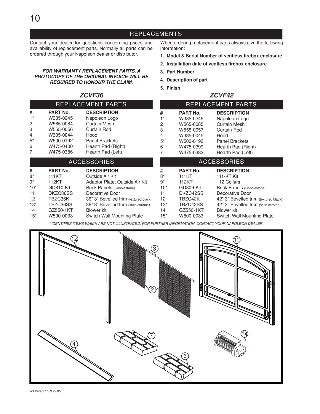 Napoleon Fireplaces ZCVF42, ZCVF36 installation instructions Replacements, Replacement Parts, Accessories 