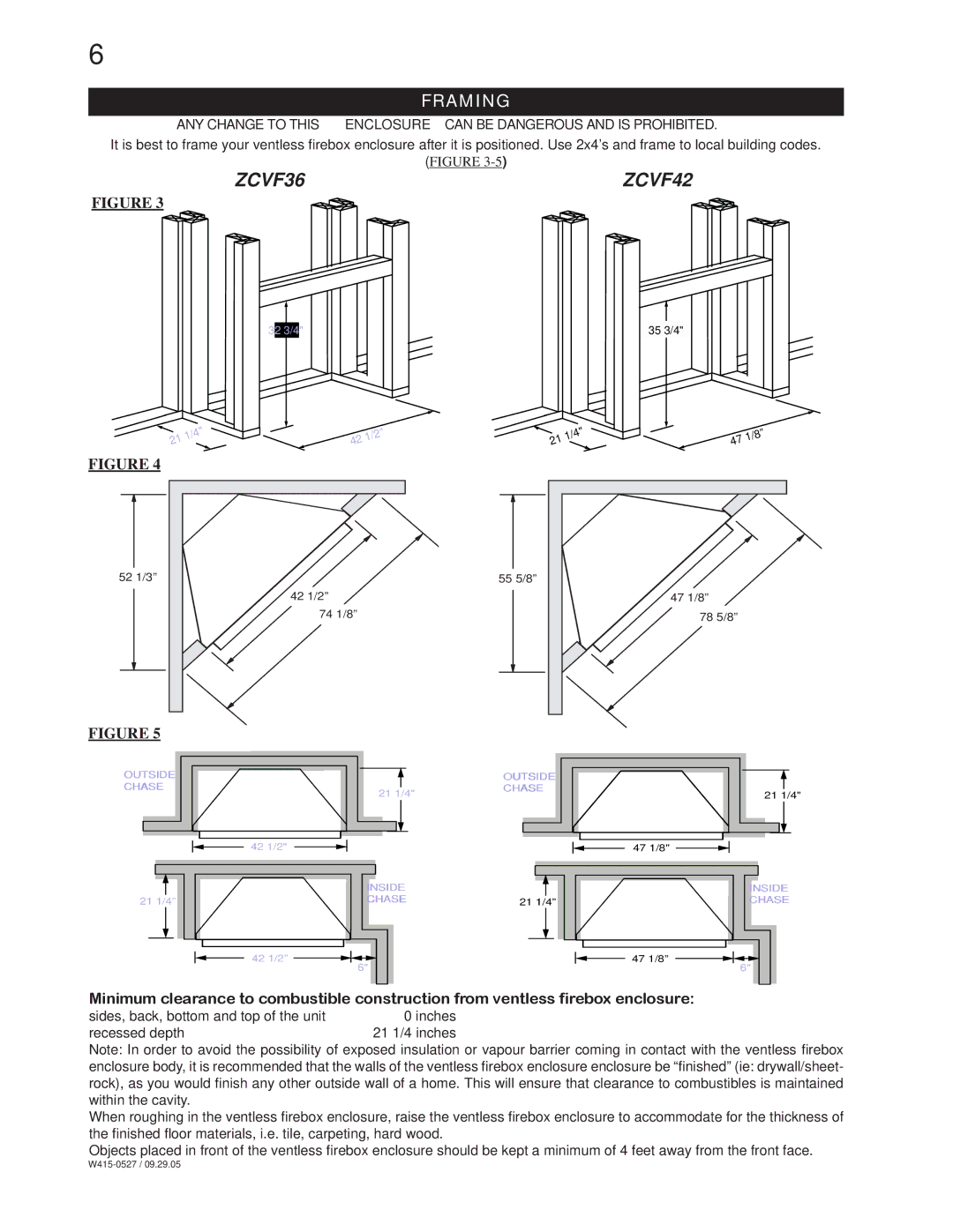 Napoleon Fireplaces ZCVF42, ZCVF36 installation instructions Framing 