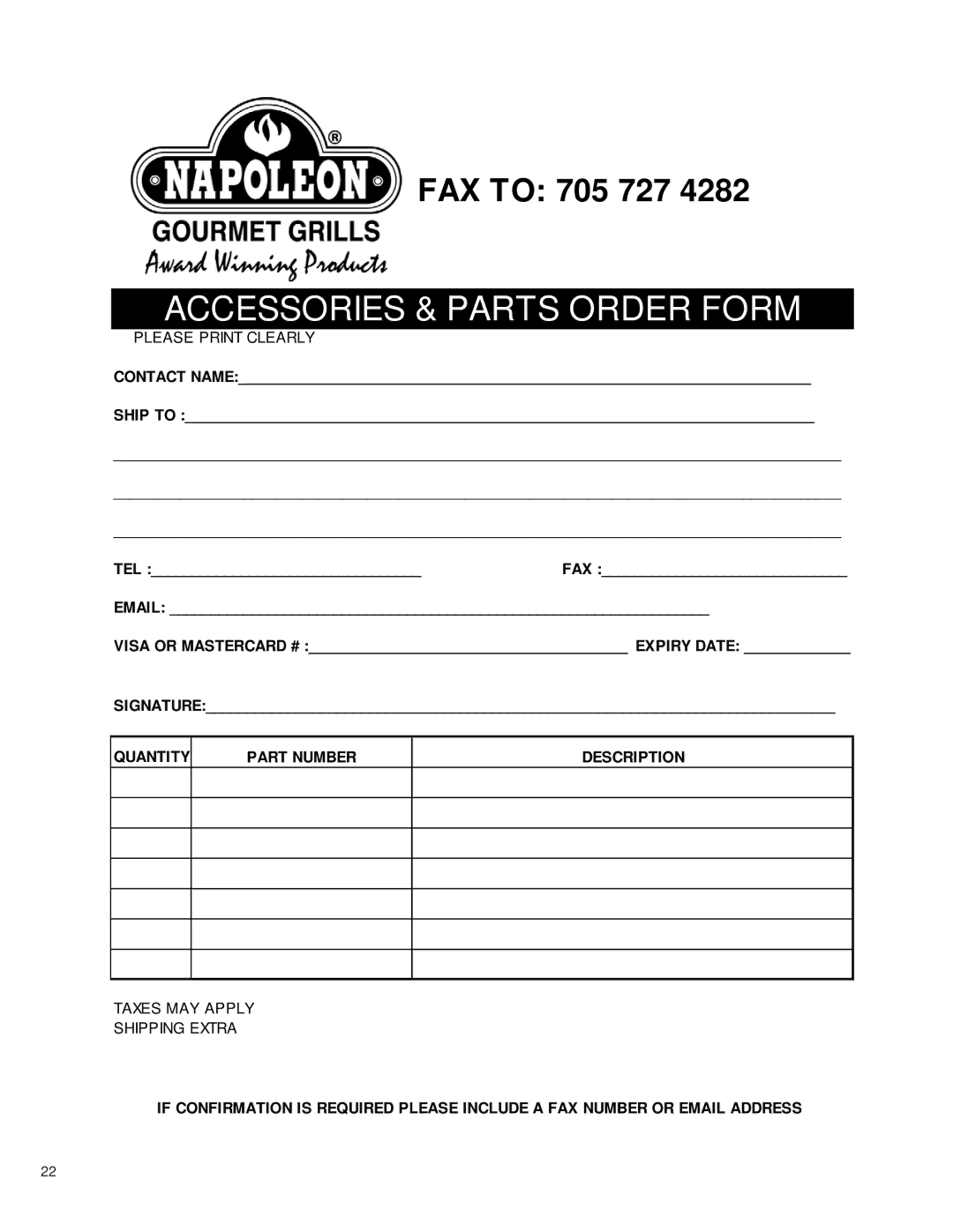 Napoleon Grills 3068-OS, 204830-OS, 2032-OS, 2048-OS manual Accessories & Parts Order Form 