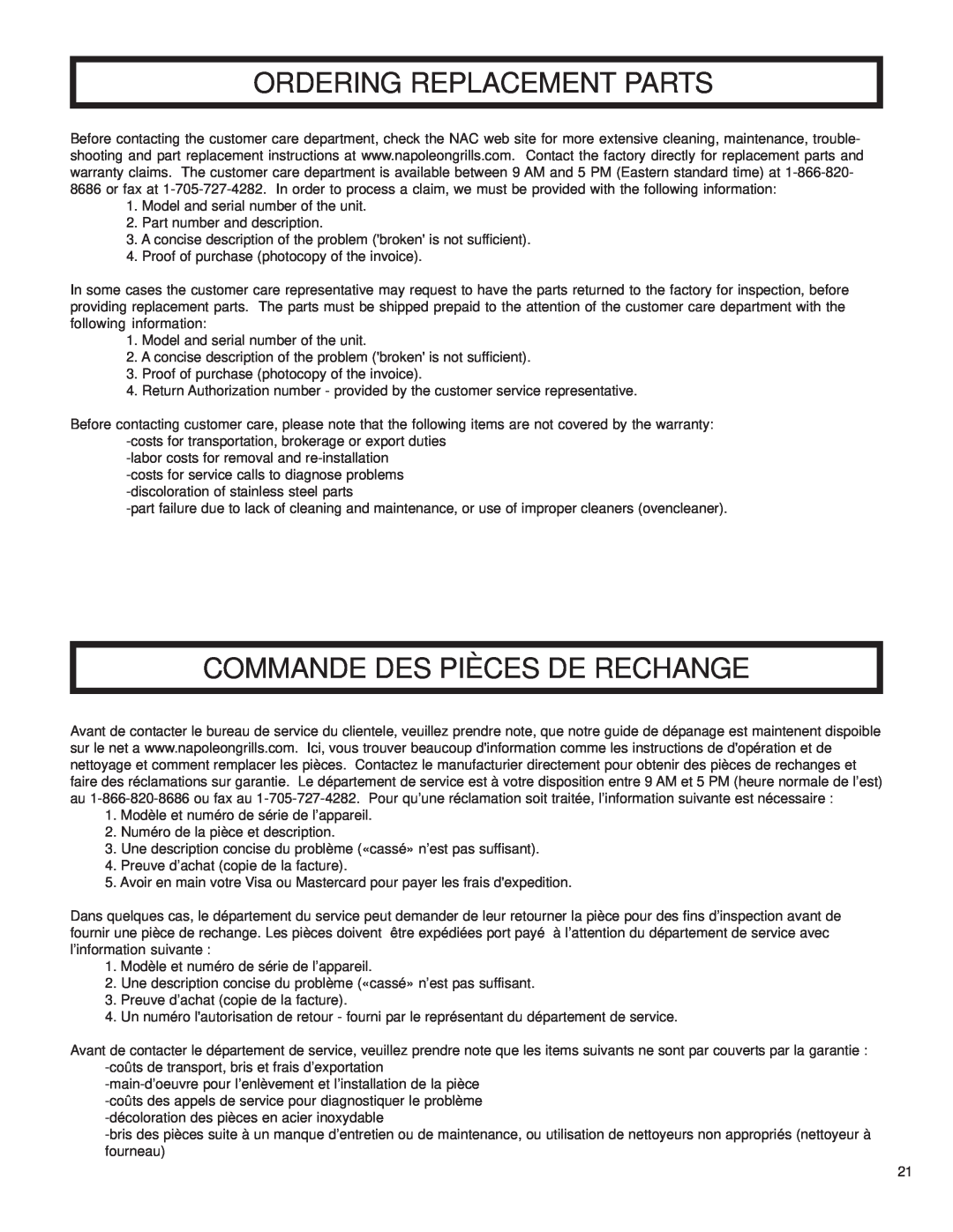 Napoleon Grills 2032-OS, 204830-OS, 3068-OS, 2048-OS manual Ordering Replacement Parts, Commande Des Pièces De Rechange 