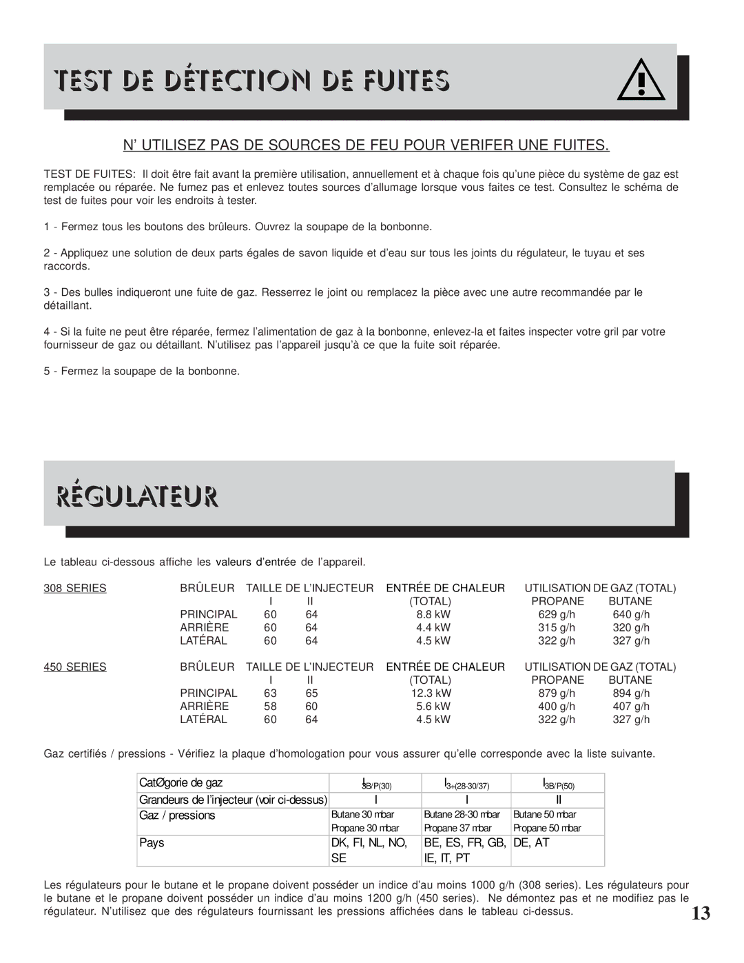 Napoleon Grills 308 manual Test DE Détection DE Fuites, Régulateur, Utilisez PAS DE Sources DE FEU Pour Verifer UNE Fuites 