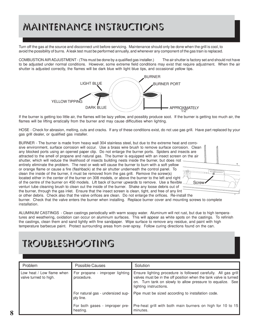 Napoleon Grills 308 manual Maintenance Instructions, Troubleshooting 