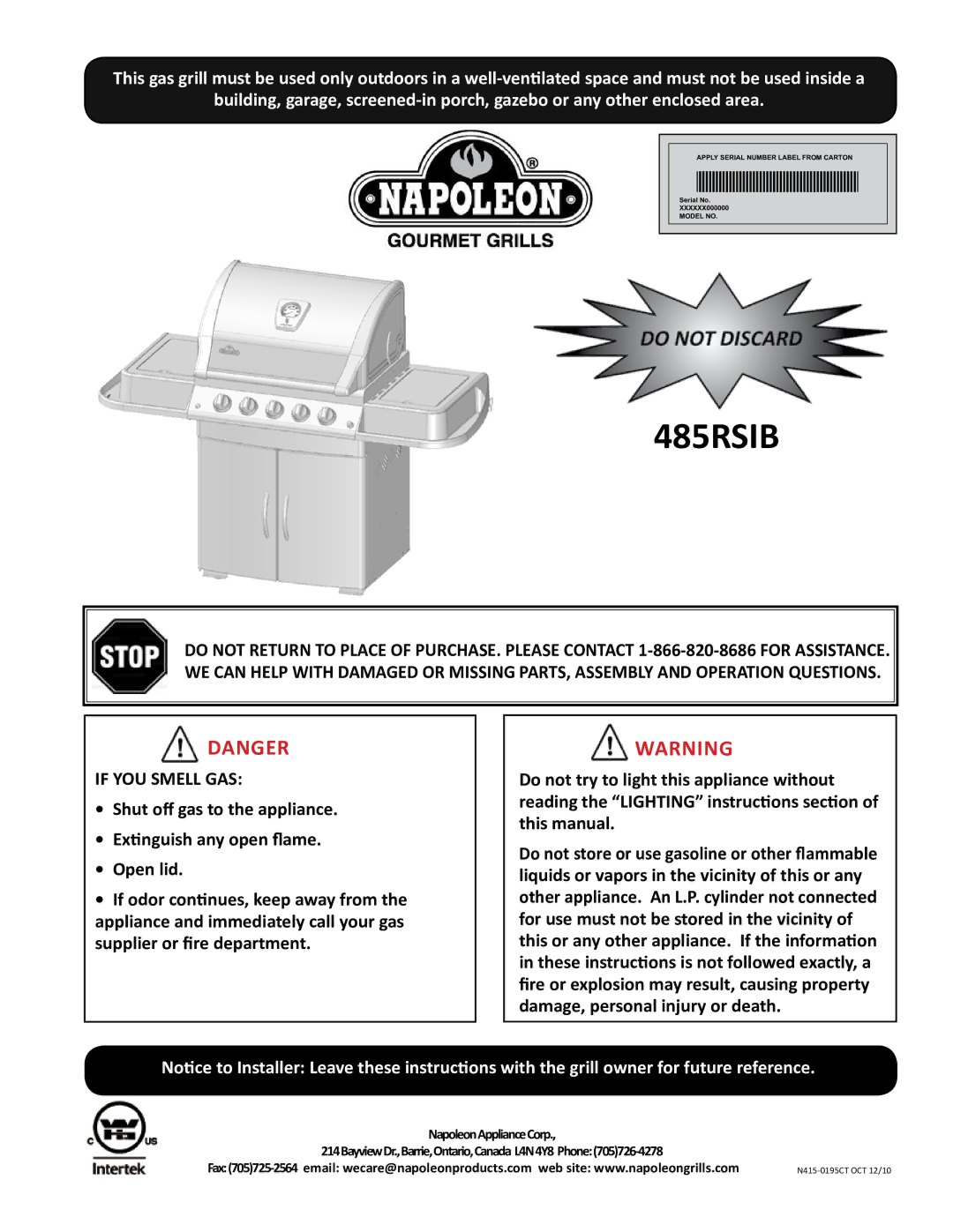 Napoleon Grills 485rsib manual 485RSIB 