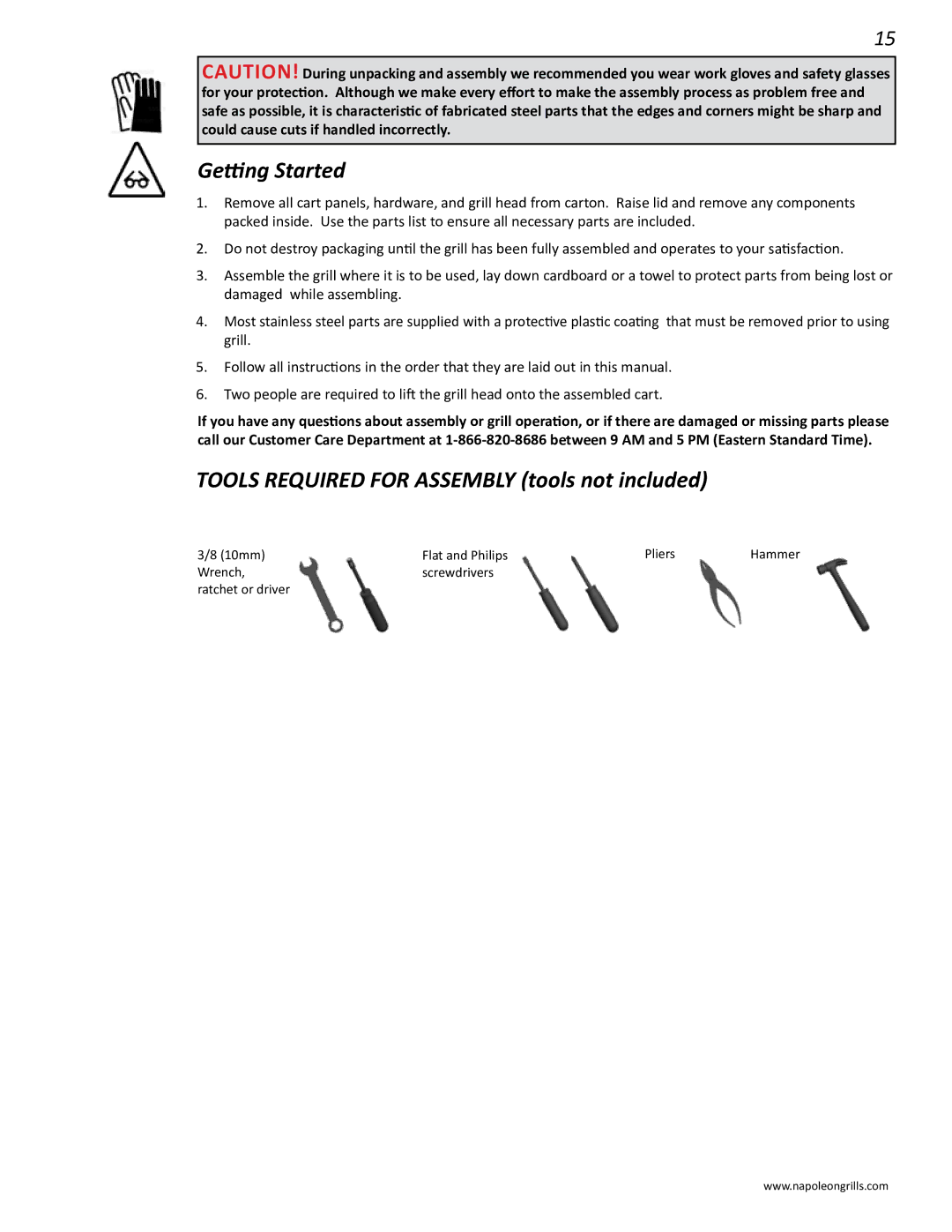 Napoleon Grills 485rsib manual Getting Started, Tools Required for Assembly tools not included 