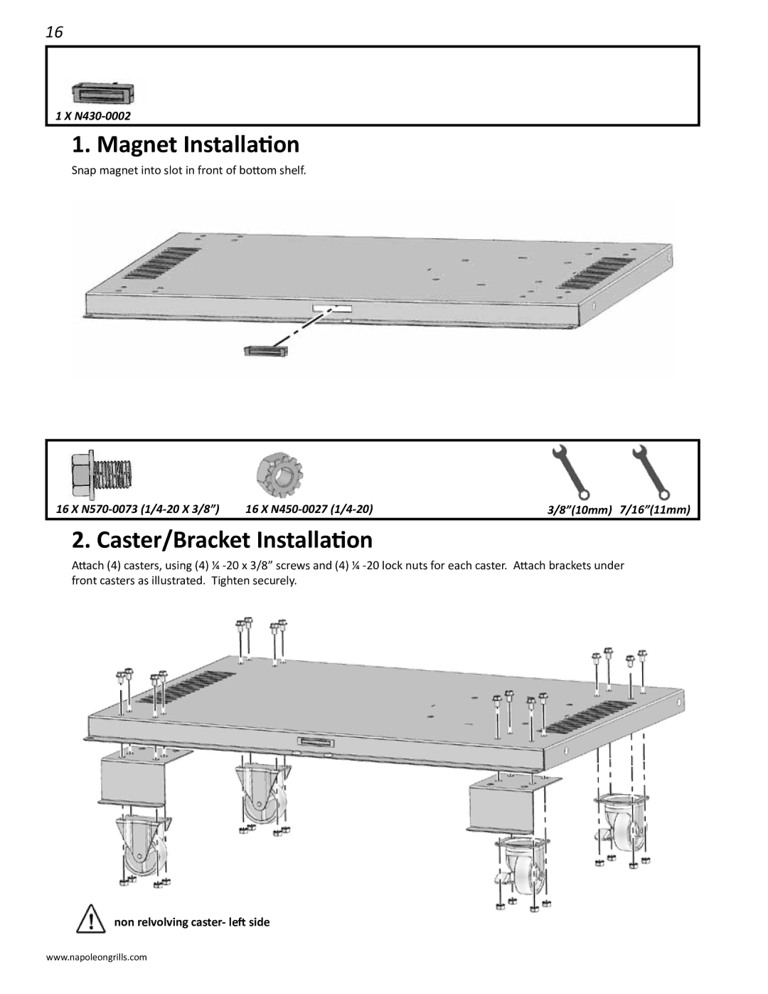 Napoleon Grills 485rsib manual Magnet Installation, Caster/Bracket Installation 