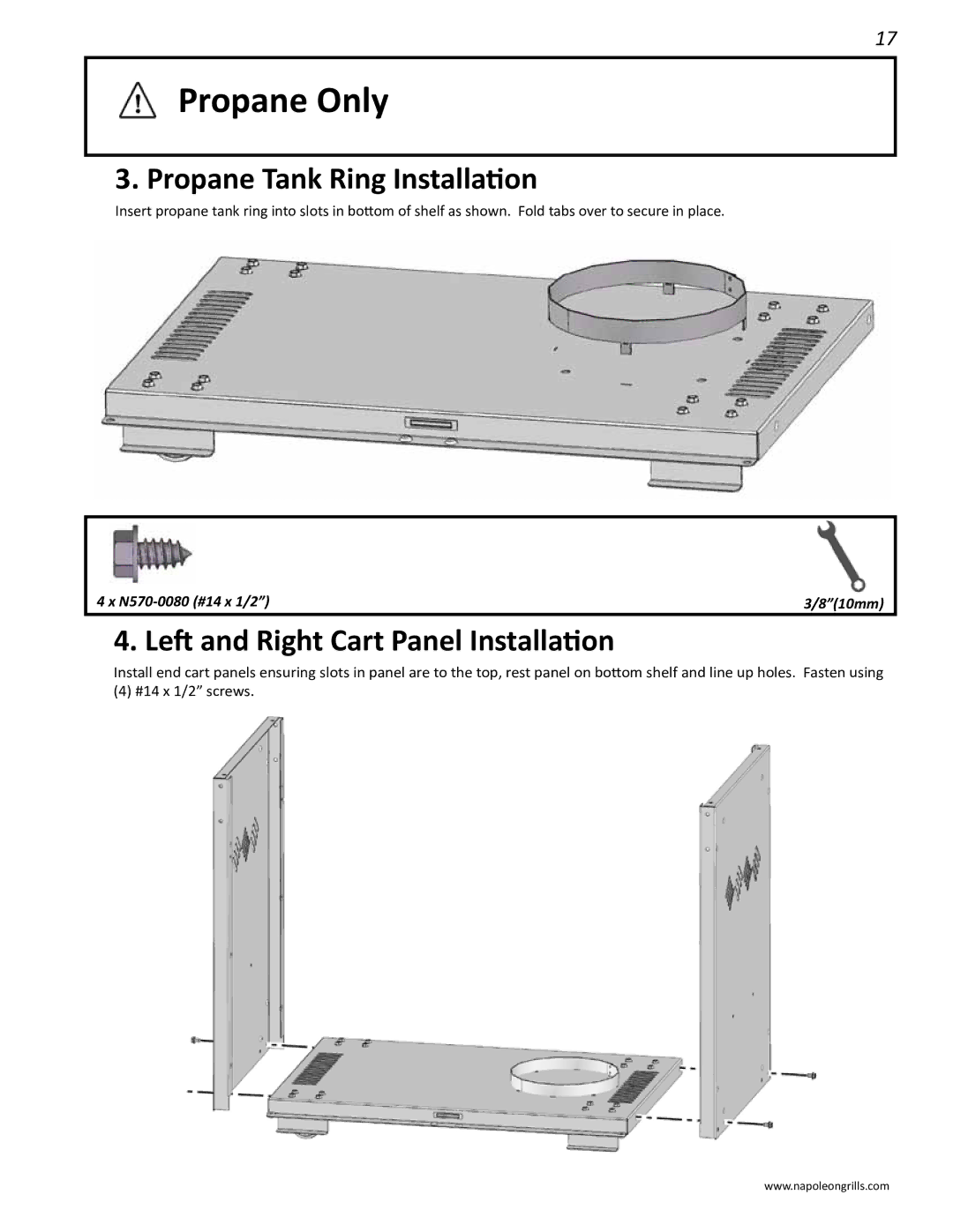 Napoleon Grills 485rsib manual Propane Only, Propane Tank Ring Installation, Left and Right Cart Panel Installation 