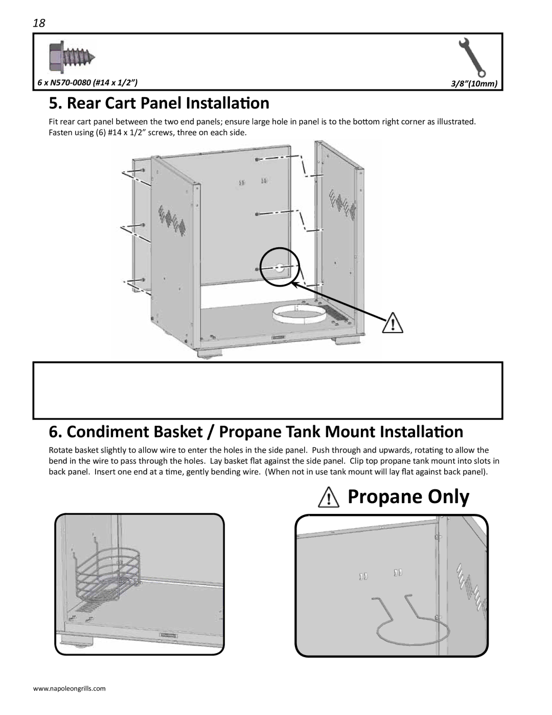 Napoleon Grills 485rsib manual Rear Cart Panel Installation, Condiment Basket / Propane Tank Mount Installation 