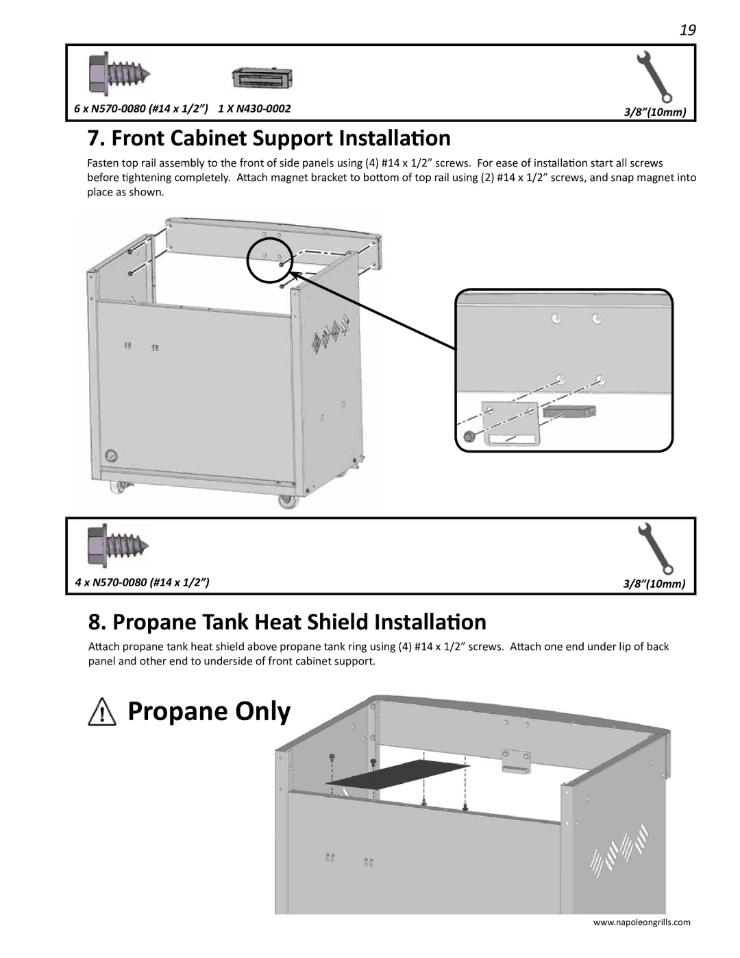 Napoleon Grills 485rsib manual Front Cabinet Support Installation, Propane Tank Heat Shield Installation 