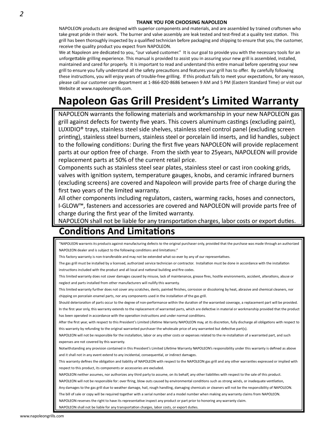 Napoleon Grills 485rsib manual Napoleon Gas Grill President’s Limited Warranty 