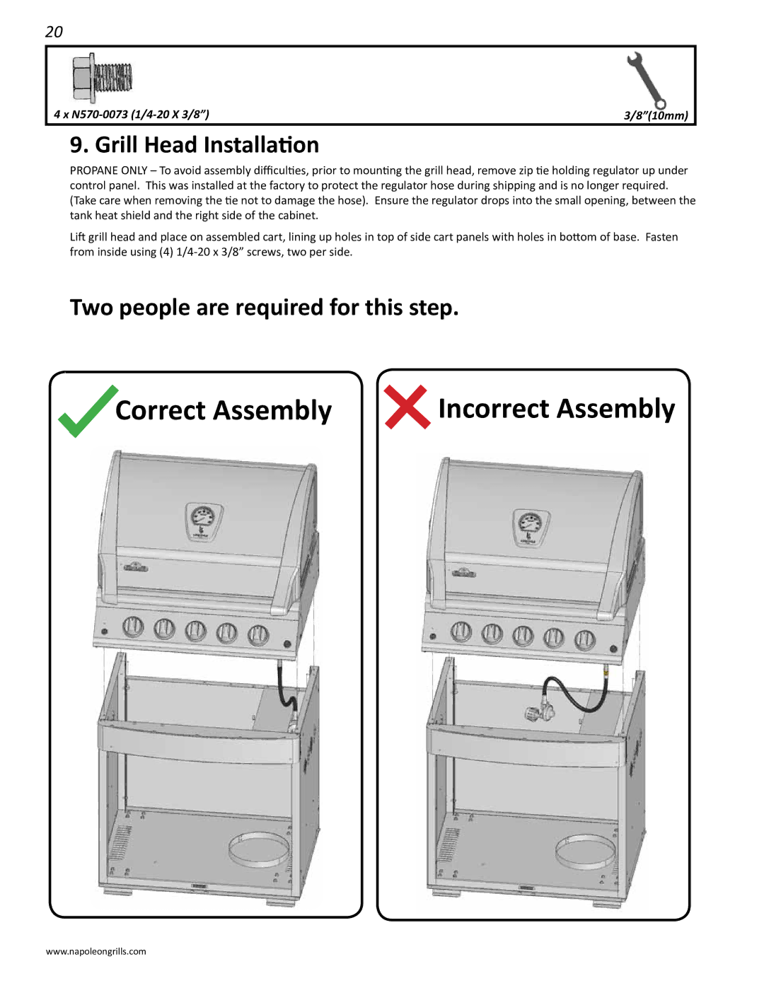 Napoleon Grills 485rsib manual Correct Assembly Incorrect Assembly, Grill Head Installation 